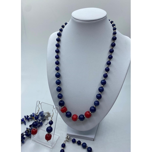 79 - One Lapis Lazuli and Red Coral Necklace, Bracelet and Earrings set together with another Lapis Lazul... 