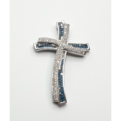 44 - (Withdraw)14ct White Gold with white and blue Diamond Cross, weight 8.7g and approx 1ct diamonds, 42... 