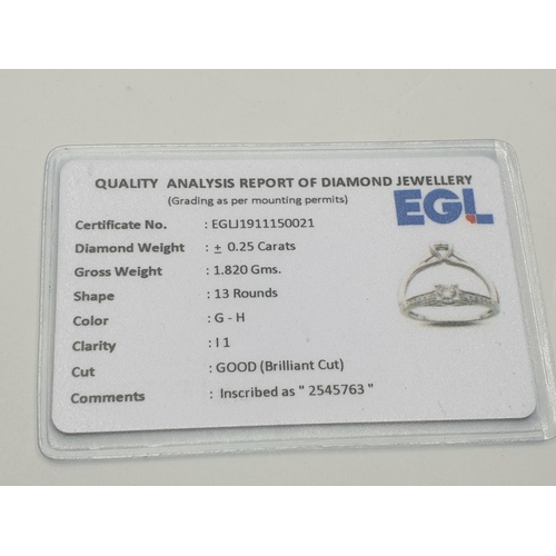 57 - 9ct White Gold Diamond Solitaire ring with diamond set shoulders, EGL Cert 0.25ct diamonds, weight 1... 