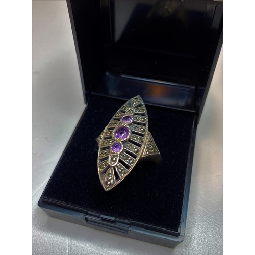 381 - Silver Marcasite Stone set ring,  Boat Shape having 3 Amethysts to centre, 925 stamp inside band, si... 