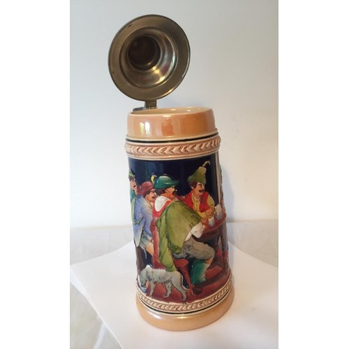 393 - Large Vintage hand painted Beer stein by Gerz, Tavern Scene in relief, 28cm tall with hinged lid, cl... 