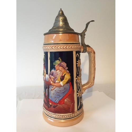 393 - Large Vintage hand painted Beer stein by Gerz, Tavern Scene in relief, 28cm tall with hinged lid, cl... 