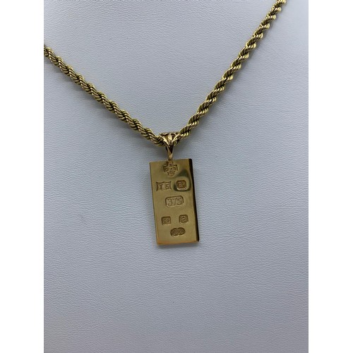 396 - 9ct yellow gold ingot pendant with full hallmark, on a 9ct gold chain 70cm,total weight 16.38g.