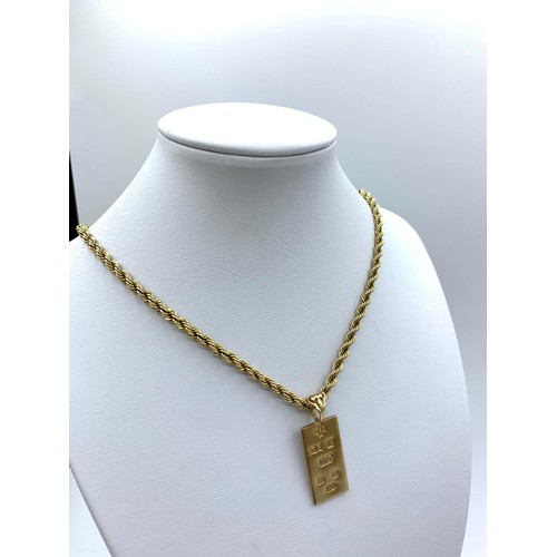 396 - 9ct yellow gold ingot pendant with full hallmark, on a 9ct gold chain 70cm,total weight 16.38g.