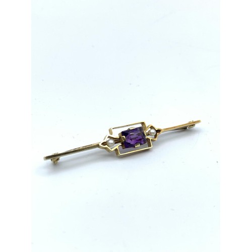 407 - Antique 15ct Gold Bar Brooch with Amethyst and Seed Pearls in vintage Box 3.7g, 5.5cm.