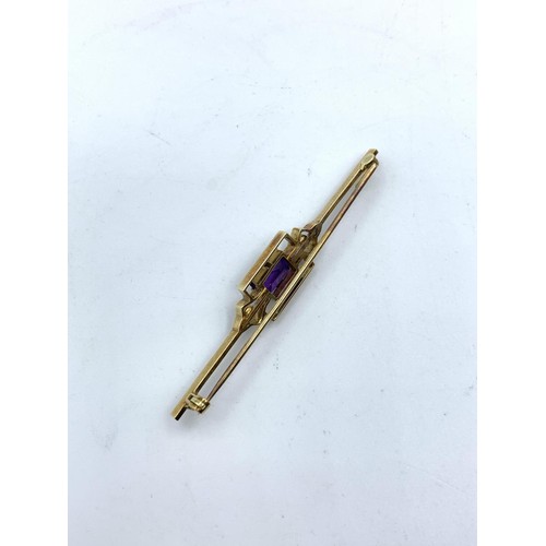 407 - Antique 15ct Gold Bar Brooch with Amethyst and Seed Pearls in vintage Box 3.7g, 5.5cm.