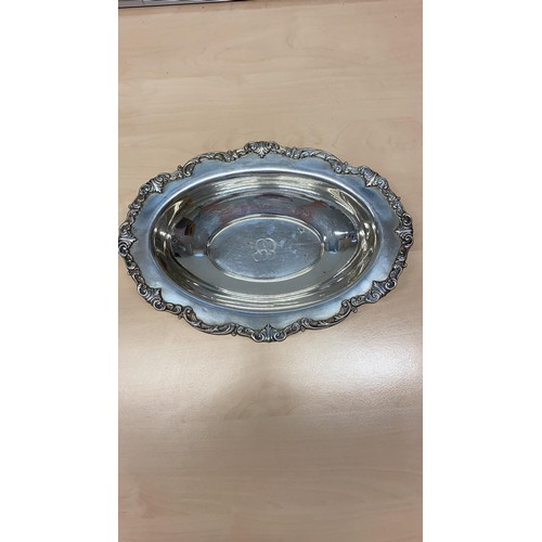 409 - Vintage Silver Monogrammed  Bowl with scrolling to the edge. Weighs 248g, 28cm x 20cm.