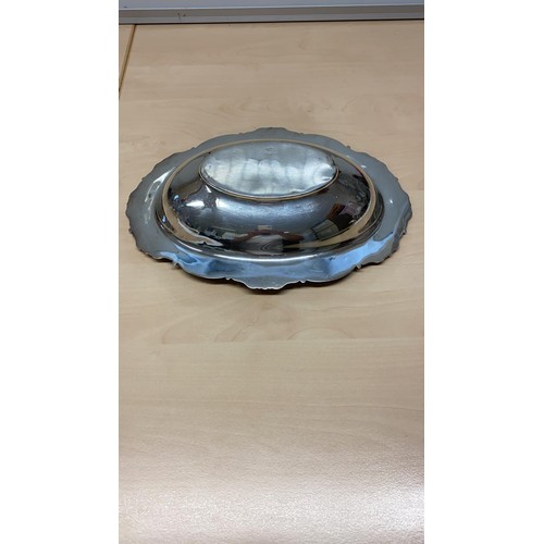 409 - Vintage Silver Monogrammed  Bowl with scrolling to the edge. Weighs 248g, 28cm x 20cm.