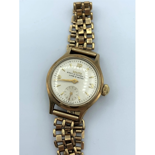 414 - Vintage 1950s Ladies Zenith Land & Water 9ct Gold Watch. Birch & Gaydon Ltd with 9ct strap, 25.1g.