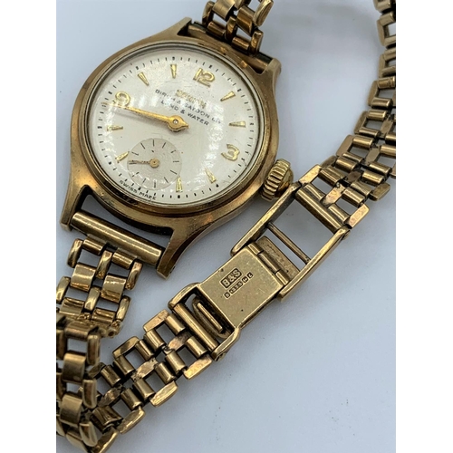 414 - Vintage 1950s Ladies Zenith Land & Water 9ct Gold Watch. Birch & Gaydon Ltd with 9ct strap, 25.1g.