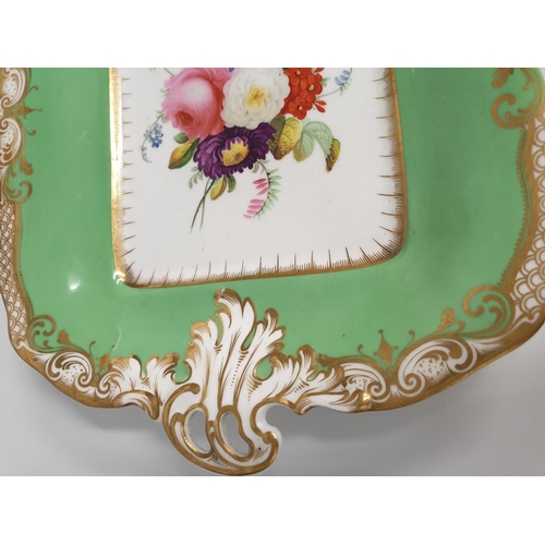 147 - H&R Daniel Rococo scroll shaped Dish in green with floral centre, 29x22cm