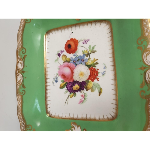 147 - H&R Daniel Rococo scroll shaped Dish in green with floral centre, 29x22cm