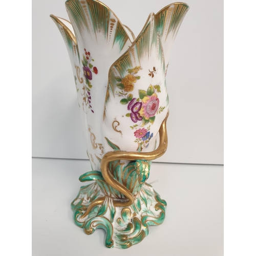 195 - H&R Daniel snake handled Vase Floral Baroque style circa 1825 in good condition , 17.5cm tall