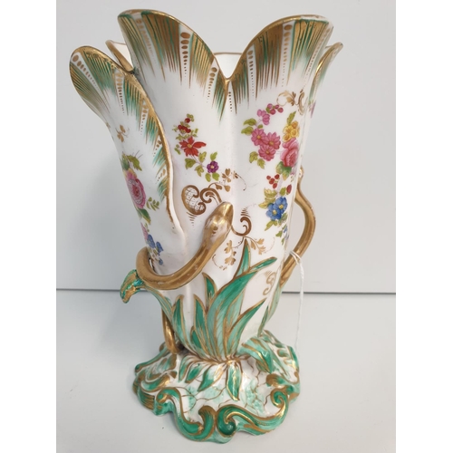 195 - H&R Daniel snake handled Vase Floral Baroque style circa 1825 in good condition , 17.5cm tall