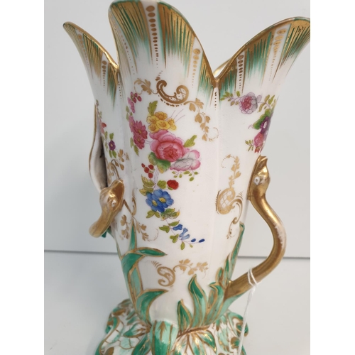 195 - H&R Daniel snake handled Vase Floral Baroque style circa 1825 in good condition , 17.5cm tall