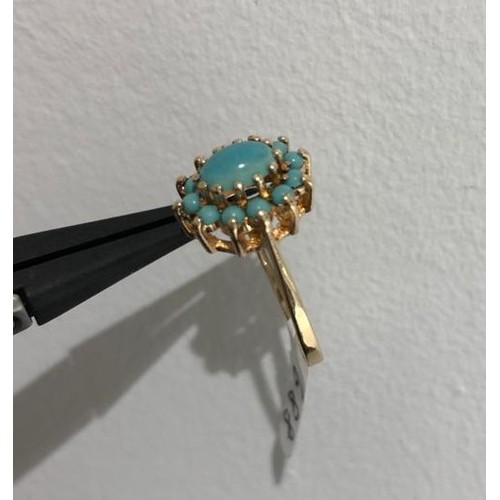 216 - 9K Yellow Gold Turquoise Cluster Ring, weight 2.2g and size P (ECN688)