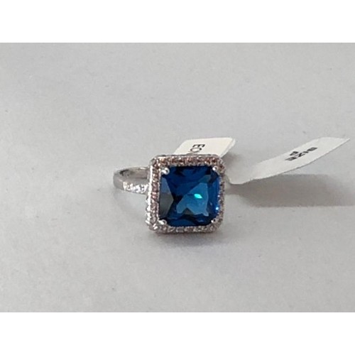 245 - Silver Blue CZ Cluster Ring (stone 11x11mm), size P and weight 6.1g