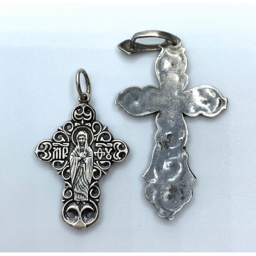 125 - 2x Silver Russian or Greek Orthodox Crucifix, 45mm and 30mm long approx, weight total 6g (2).