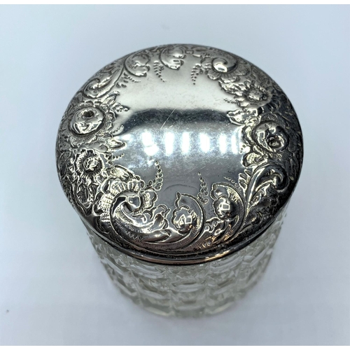 231 - Antique Silver topped Powder Pot/jar, cut glass pot with a silver lid, hallmarked for Chester 1929, ... 