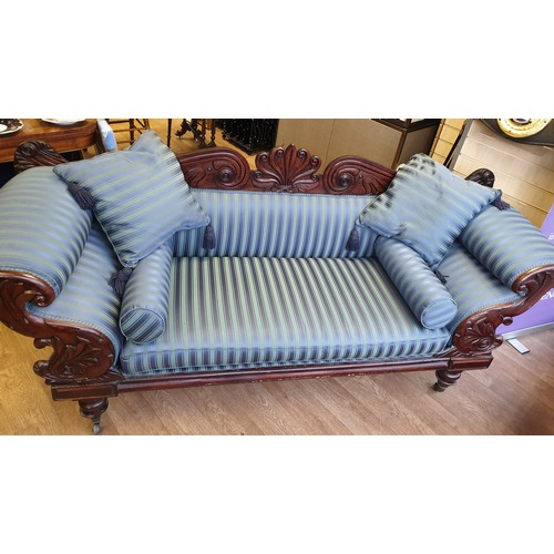 24 - Victorian Handmade Sofa on Casters, sympathetically restored ,finished in blue satin stripe  length ... 