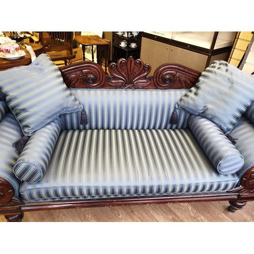 24 - Victorian Handmade Sofa on Casters, sympathetically restored ,finished in blue satin stripe  length ... 