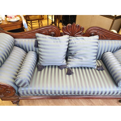 24 - Victorian Handmade Sofa on Casters, sympathetically restored ,finished in blue satin stripe  length ... 