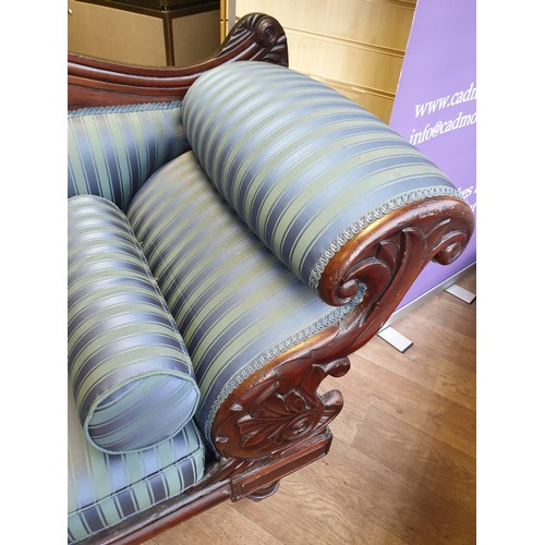 24 - Victorian Handmade Sofa on Casters, sympathetically restored ,finished in blue satin stripe  length ... 