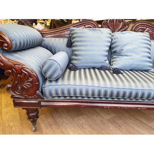 24 - Victorian Handmade Sofa on Casters, sympathetically restored ,finished in blue satin stripe  length ... 