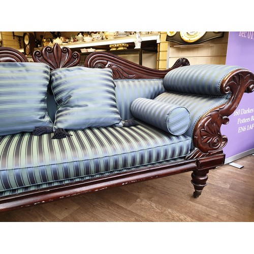 24 - Victorian Handmade Sofa on Casters, sympathetically restored ,finished in blue satin stripe  length ... 