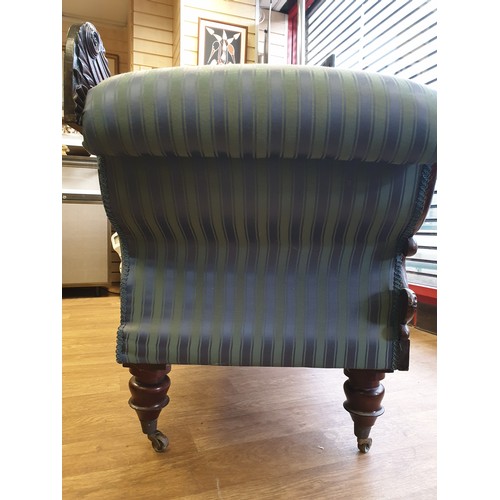 24 - Victorian Handmade Sofa on Casters, sympathetically restored ,finished in blue satin stripe  length ... 