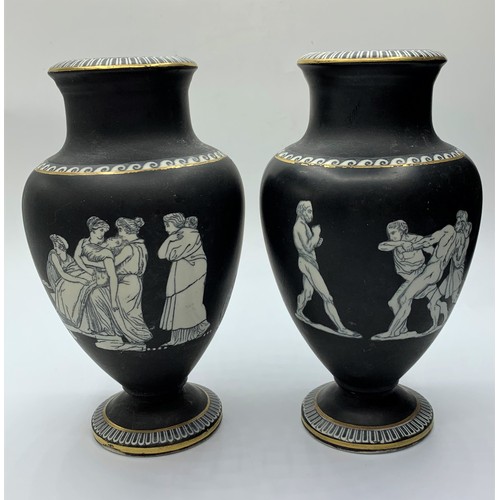 278 - Pair of Grecian Urns with traditional illustrations, 17cm tall (2)