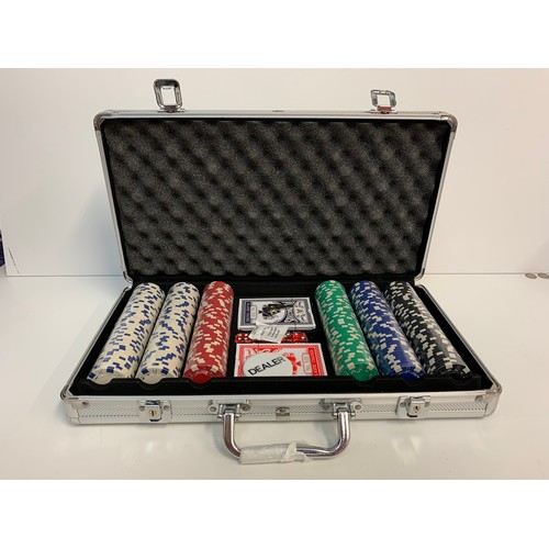 440 - 300 Chip Poker set to include 300 chips, 2 packs of cards (unopened) 5 dice and a dealer badge in a ... 