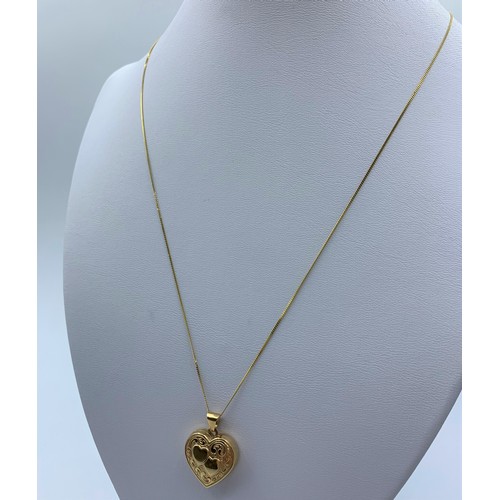 256 - (Withdraw) 9K Yellow Gold Heart Locket Pendant on 9ct gold Chain, weight 2.82g and 45cm long approx