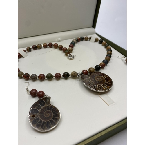 38 - A jasper and Jurassic Fossil Ammonites (163 million years old) necklace and matching earrings from M... 