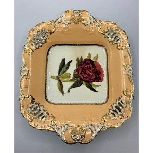 105 - H&R Daniel shell pierces shape oblong dish, with double red peony centre.