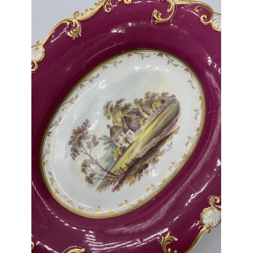 123 - Daniel shell border shape oval serving dish in maroon, some age related marks.