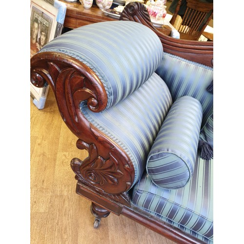 367 - Victorian Handmade Sofa on Casters, sympathetically restored ,finished in blue satin stripe  length ... 