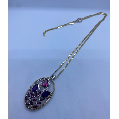 56 - Silver Stone Set Pendant Having Amethyst and Tourmaline Stones Mounted in Silver and Silver Gilt .Ov... 