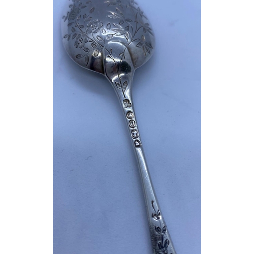 70 - Antique Silver Spoon with Floral Decoration to Handle and Back of Bowl. Nice Condition with a Clear ... 