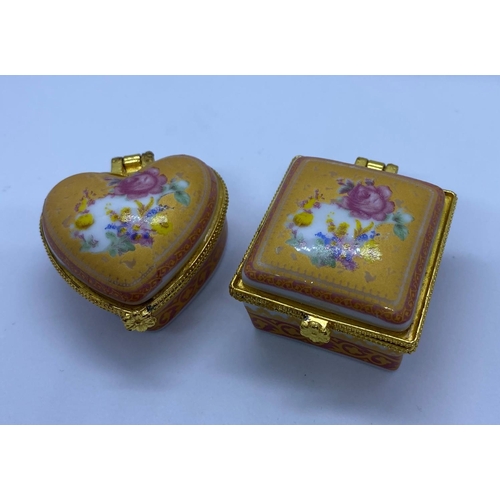 82 - Pair of Fine China Pill Boxes. One Square, the Other Heart Shaped. Finished in Gilt Beading.