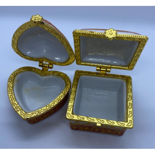 82 - Pair of Fine China Pill Boxes. One Square, the Other Heart Shaped. Finished in Gilt Beading.