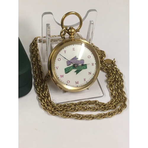 161 - Antique Gilt Silver Suffragette Pocket Watch with box and chain unusual hallmark, case 41mm diameter