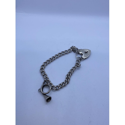 282 - Silver Bracelet with Bugle Charm & Heart Padlock, 17.6g, 18cms.