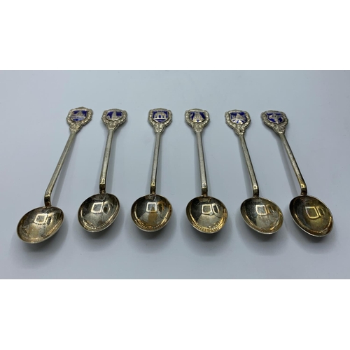 371 - 6 silver honey spoons with Indian cities and emblems on handles.