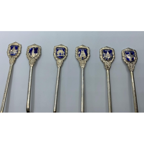 371 - 6 silver honey spoons with Indian cities and emblems on handles.