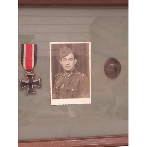 6 - WW2 Framed German Iron Cross 2nd Class & Black Wound Badge with photograph of the recipient. The med... 