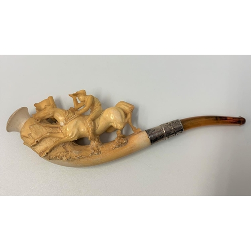 304 - A hand carved late 19th century Bone Pipe with a horse racing theme in custom leather case, 16cm len... 