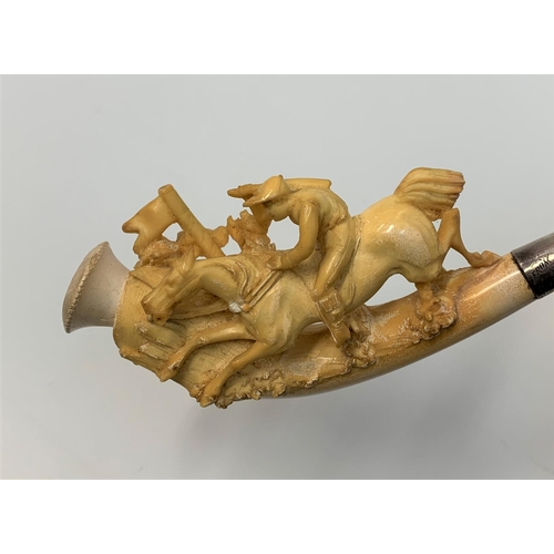 304 - A hand carved late 19th century Bone Pipe with a horse racing theme in custom leather case, 16cm len... 