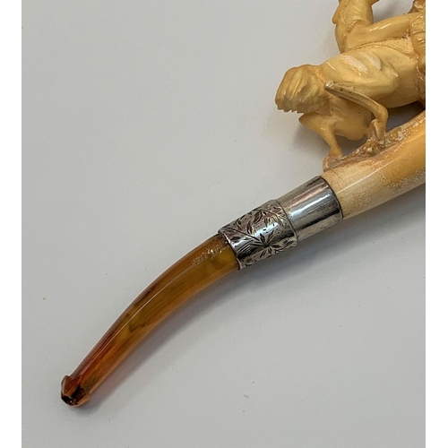 304 - A hand carved late 19th century Bone Pipe with a horse racing theme in custom leather case, 16cm len... 