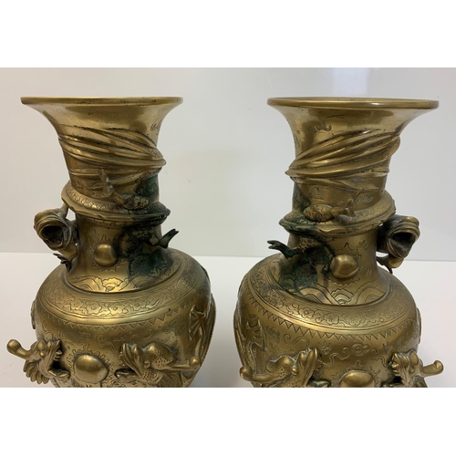 522 - Pair of early Chinese Dragon Vases, 25cm tall and 3.6kg (2)